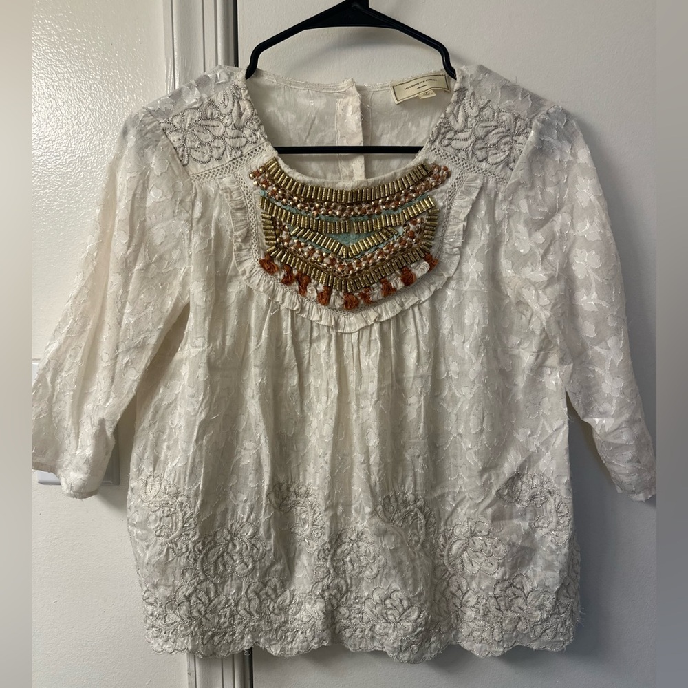 Moulinette Soeurs Anthropologie Beaded Tassel Embroidered Top